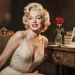 Marilyn Monroe sitting at vintage desk with gold filigree and rose while warm lamplight highlights her iconic smile
