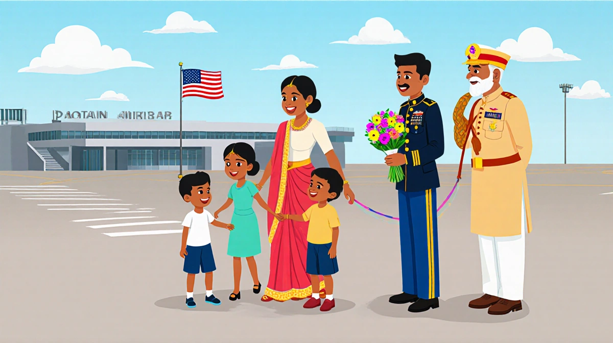 Usha Vance stands on arrivals path with her children and parents holding a colorful bouquet beneath a family reunion USMC fla
