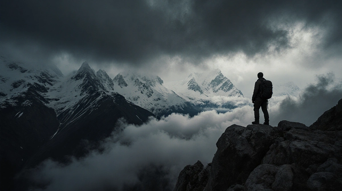 Lone hiker stands at mountain precipice with dense fog and storm clouds gathering over snow peaks