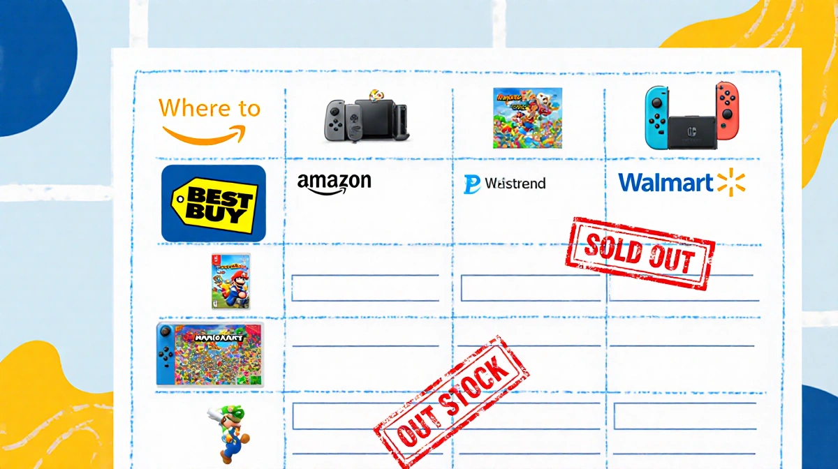 Colorful shopping list map shows electronics stores with Mario Kart bundle deals and sold out stamps