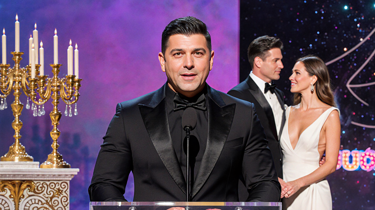 Mario Lopez speaking at the Cirque du Soleil premiere with gold accents while Courtney Strong shares a glance in background