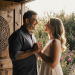 Romantic Mario Lopez and Courtney Strong smiling while clasping hands near a rustic wooden door with lush garden behind.