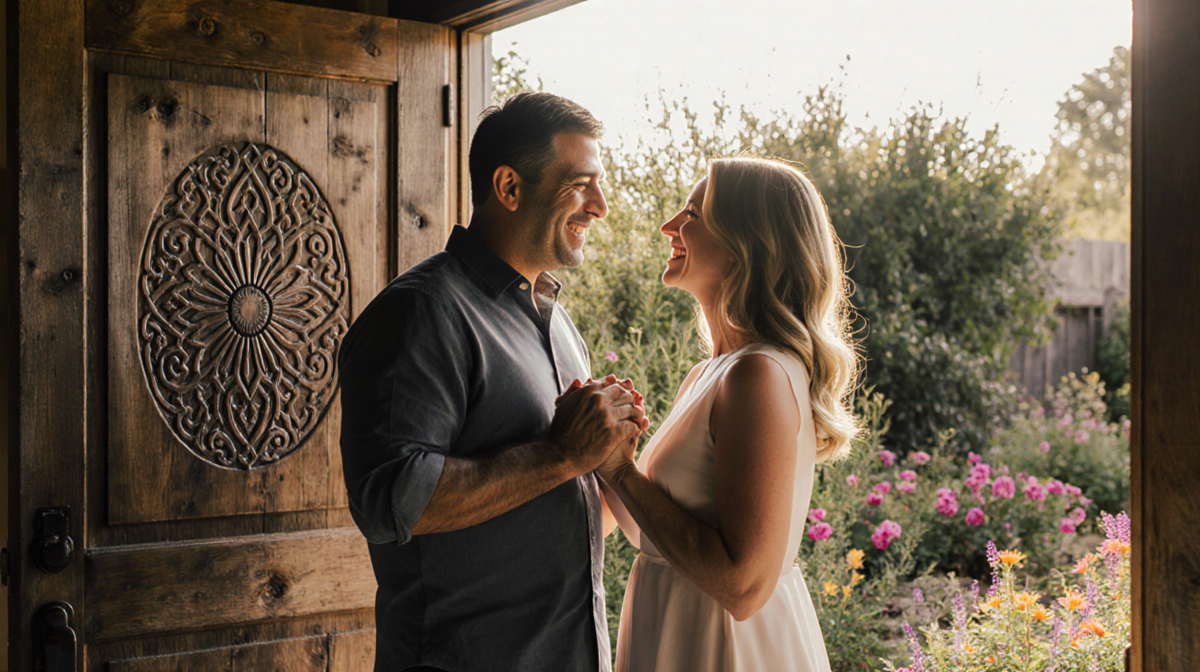 Romantic Mario Lopez and Courtney Strong smiling while clasping hands near a rustic wooden door with lush garden behind.