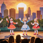 Marionette troupe performing musical show with Los Angeles cityscape and warm golden sunset light
