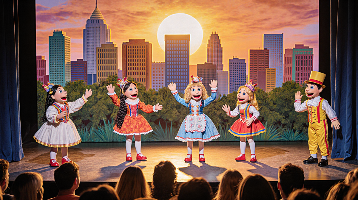 Marionette troupe performing musical show with Los Angeles cityscape and warm golden sunset light