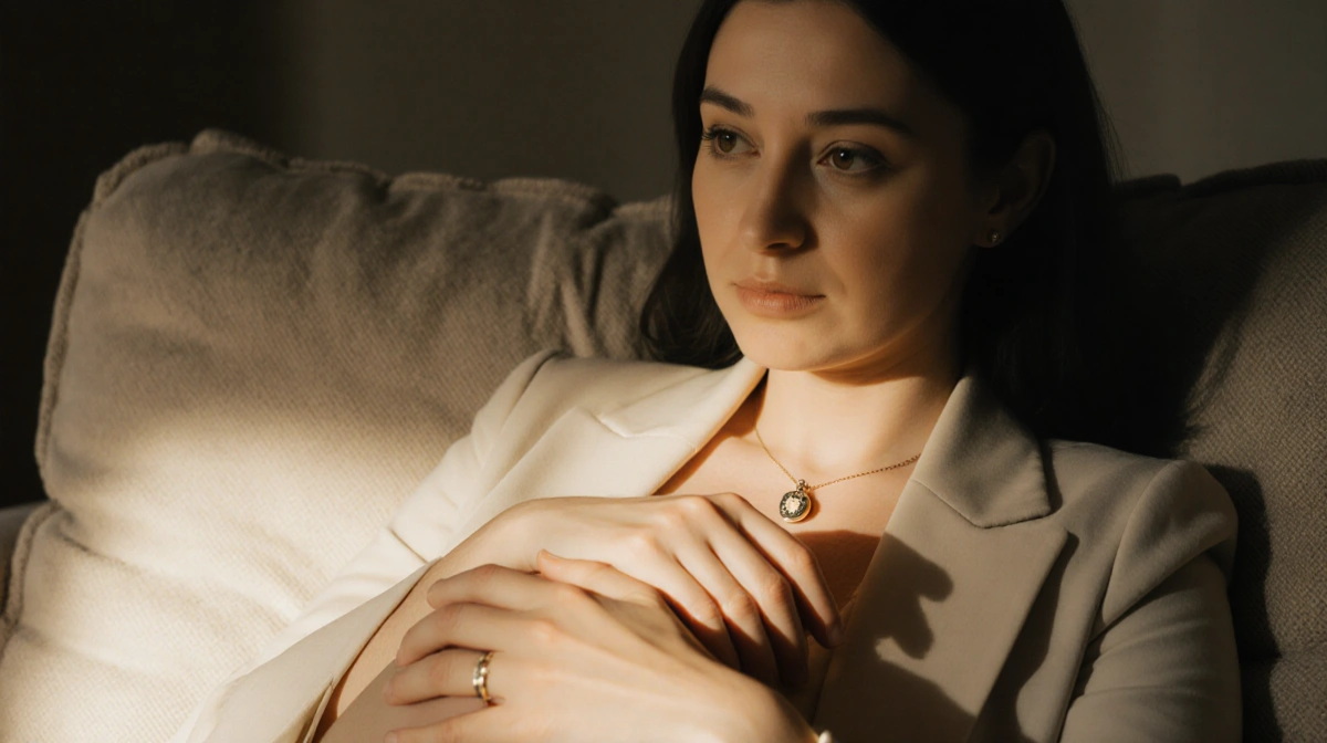 Marisa Abela sits on couch holding thyroid locket with soft light showing vulnerability
