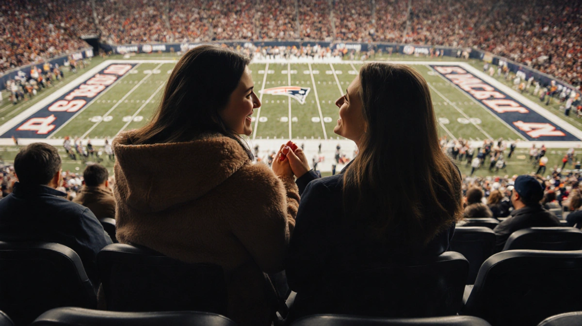 Marissa Ayers and Kara Dart holding hands while watching Giants vs Patriots game at Gillette Stadium with autumn crowd behind