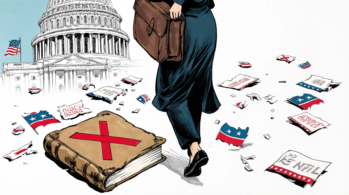 Rep. Marjorie Taylor Greene walking away from Capitol with worn leather playbook and torn party flag in background