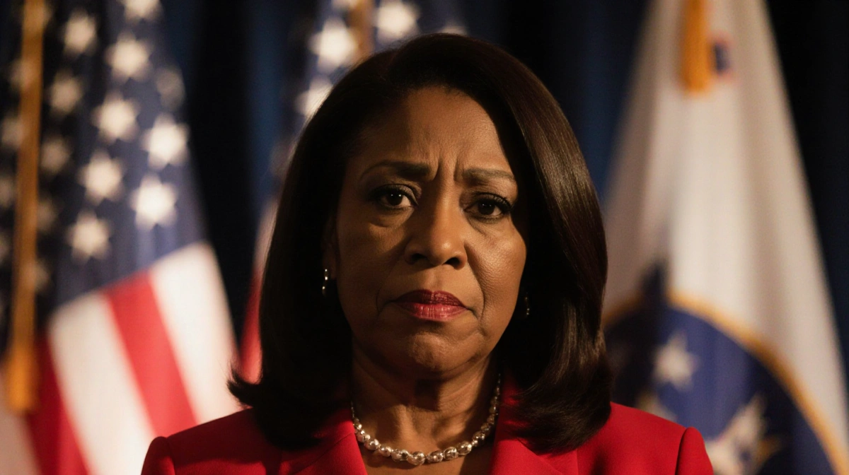 Rep. Marjorie Taylor Greene looking at camera with warm glow and red dress accent on subtle American flag backdrop.