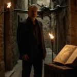 Mark Harmon stands in ancient alley with open book showing map and WWII airplane hanging behind