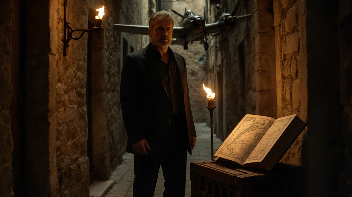 Mark Harmon stands in ancient alley with open book showing map and WWII airplane hanging behind
