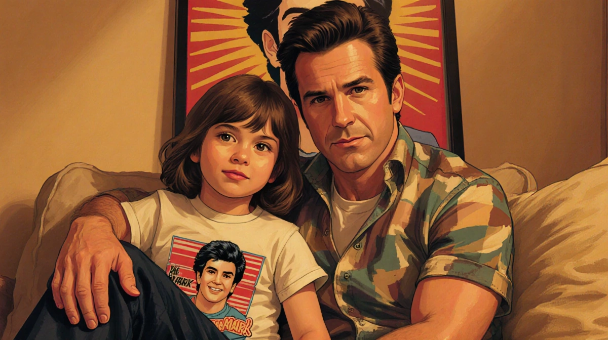 Mark Wahlberg sitting with daughter Ella near vintage Marky Mark poster while she wears retro t-shirt