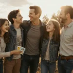 Mark Wahlberg laughing with his four children and vintage car behind them