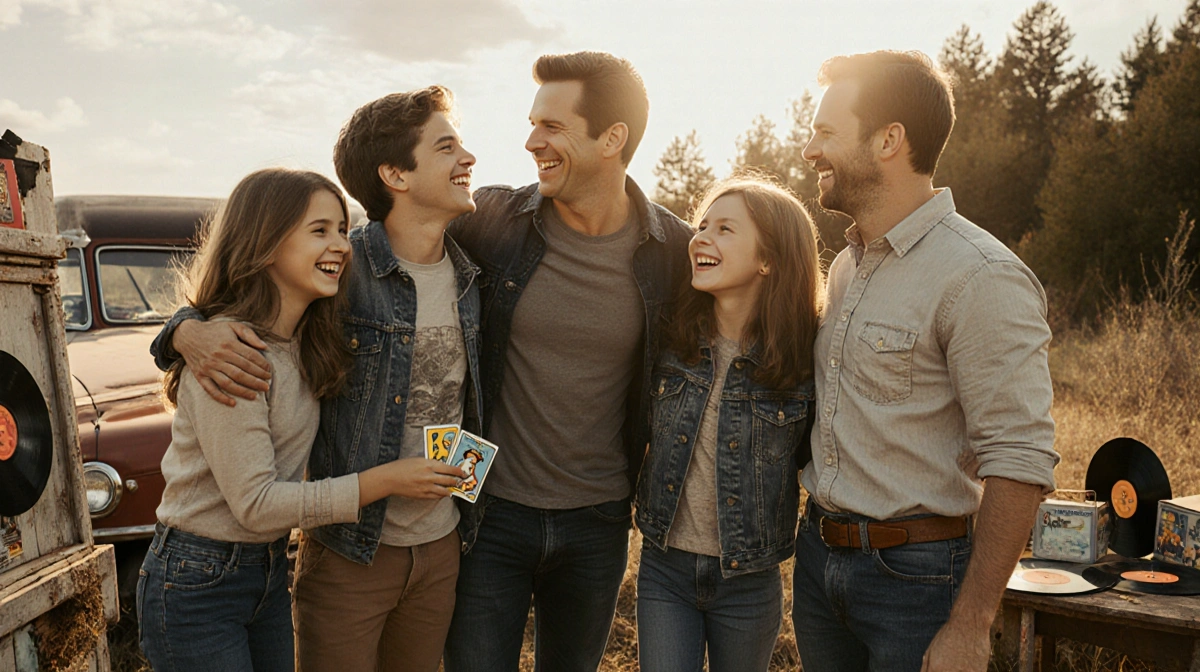 Mark Wahlberg laughing with his four children and vintage car behind them