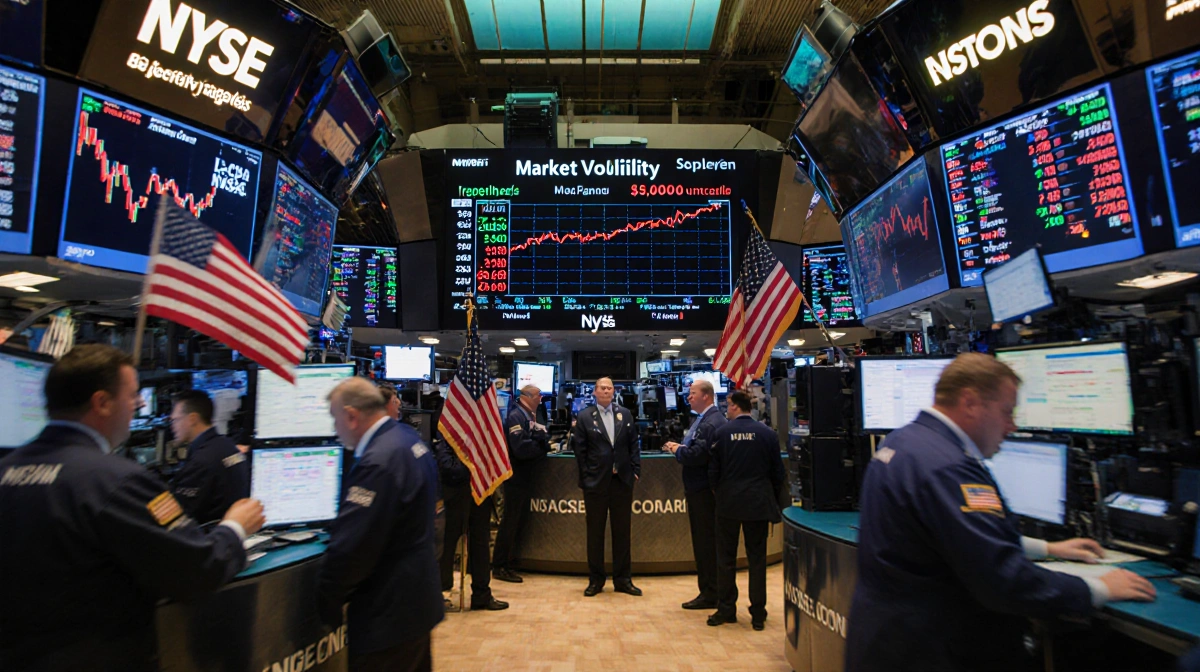 Traders shouting at monitors with Bitcoin price flashing red and American flag showing market volatility