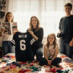 Marlee Matlin hugging her children in a warm family portrait with natural light from a window