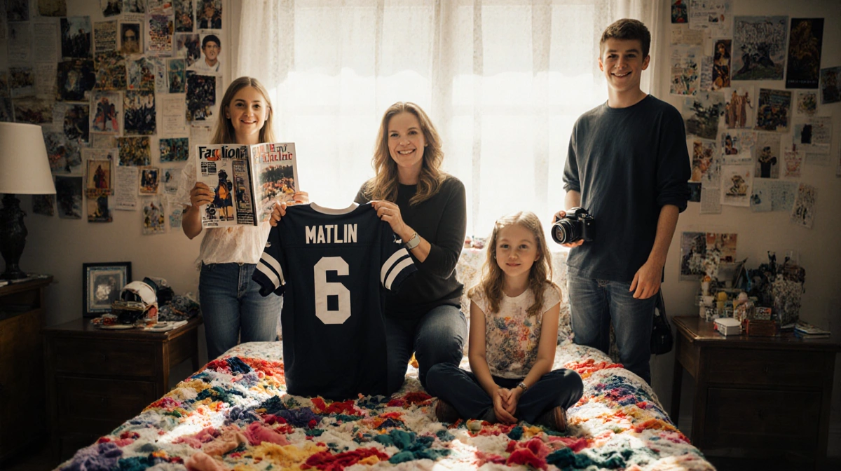 Marlee Matlin hugging her children in a warm family portrait with natural light from a window