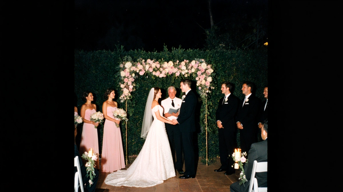 Marlee Matlin and Kevin Grandalski exchanging vows with a candlelit altar and lush greenery in a joyful wedding celebration