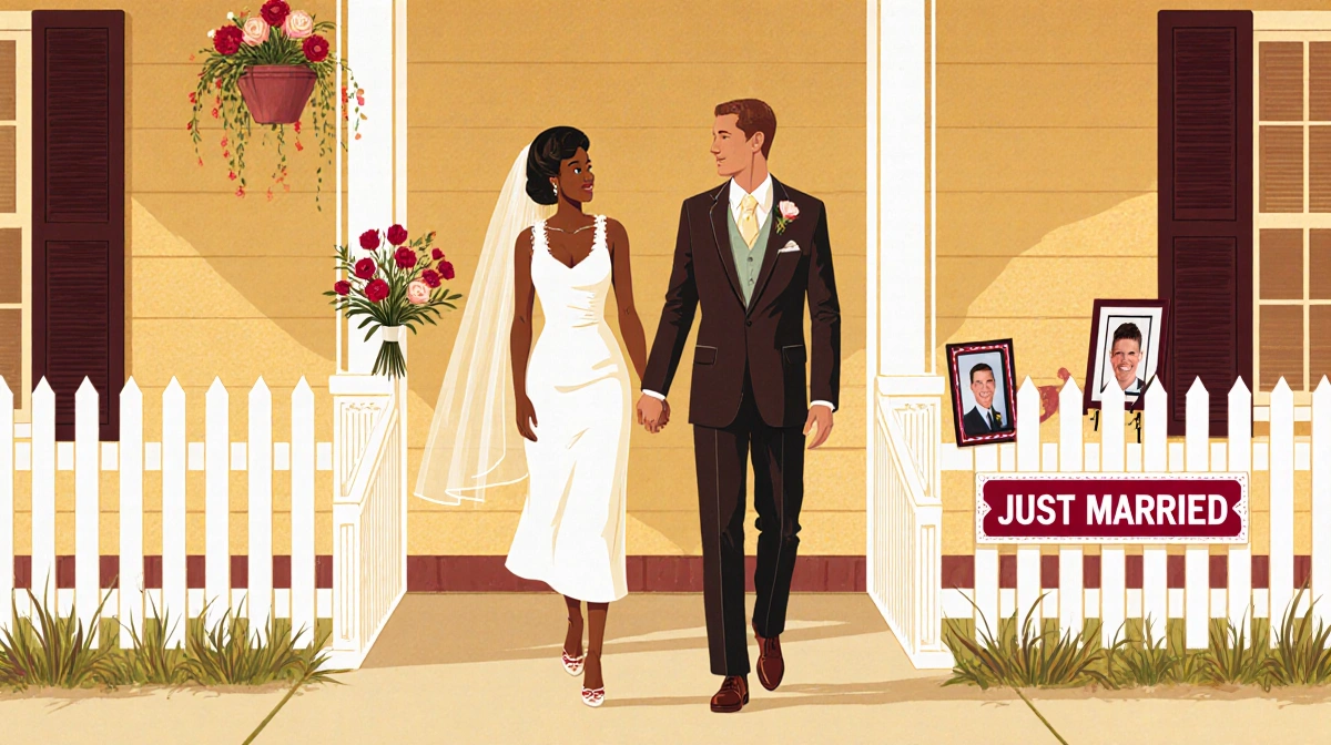 Happy couple walks hand-in-hand past white picket fence with Just Married sign near Ohio State University campus