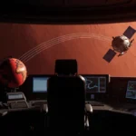 Astronaut sitting in chair with a red Mars globe on the console and a silent MAVEN spacecraft in the background.