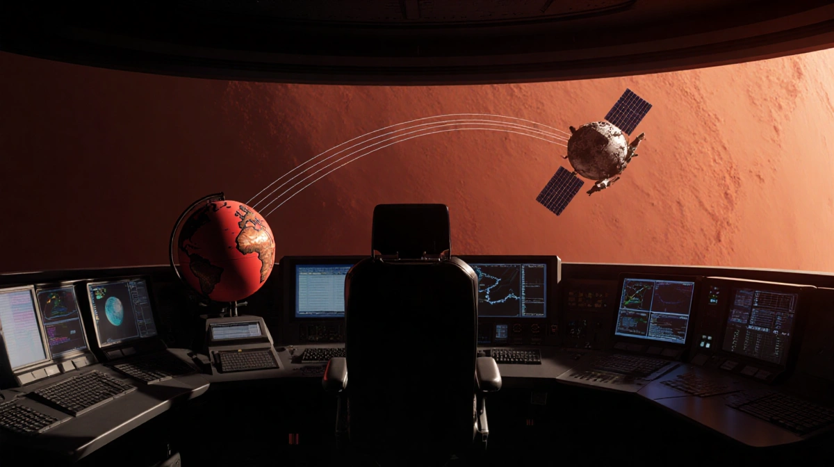 Astronaut sitting in chair with a red Mars globe on the console and a silent MAVEN spacecraft in the background.