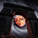 Mars glows above a stone arch with long shadows across the cracks and a swirling vortex of clouds behind.