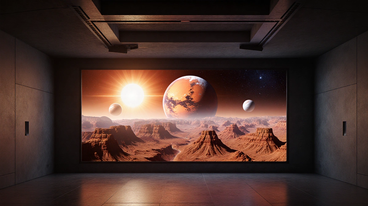 Mars planet dominates futuristic gallery space with Mercury nearby and sun casting warm glow over planets