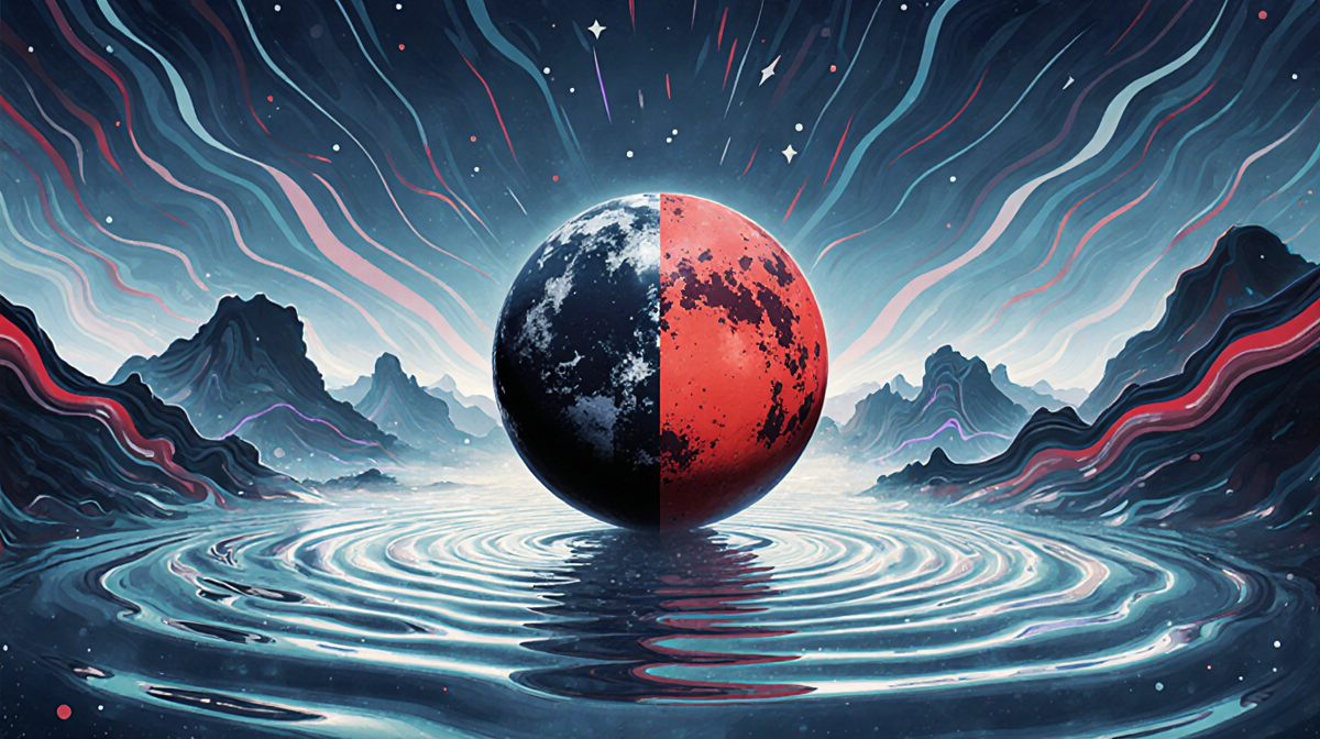 Mars and Pluto collide with red and blue hues in Aquarius while waves and abstract shapes illustrate the point of no return.