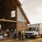 Construction crew stands before renovated barn with removal truck showing furniture and countryside hills behind
