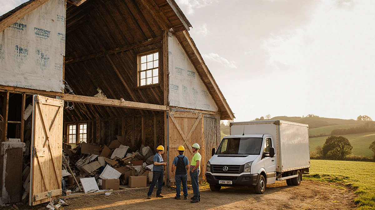 Construction crew stands before renovated barn with removal truck showing furniture and countryside hills behind
