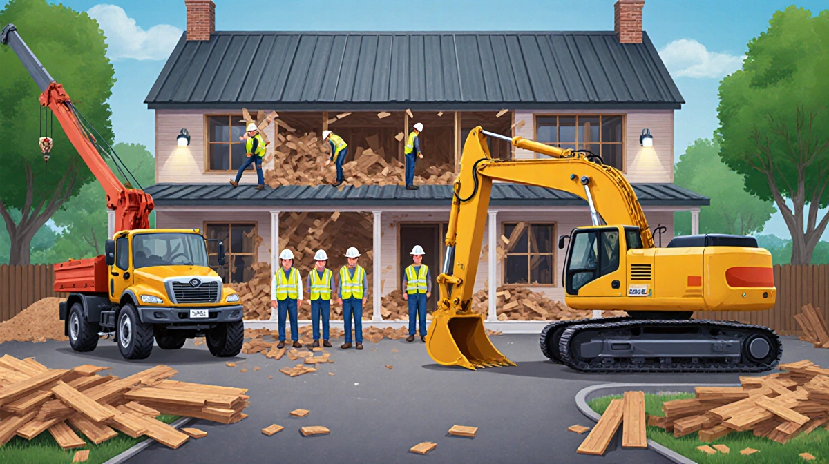 Construction workers renovating Marsh Farm property with crane and excavator on driveway
