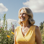 Martha Stewart standing confidently with a yellow dress and smiling in front of a green garden with vibrant flowers
