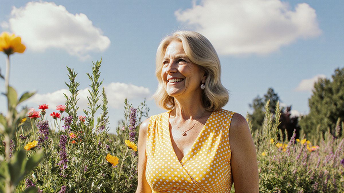 Martha Stewart standing confidently with a yellow dress and smiling in front of a green garden with vibrant flowers