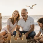 John Forté and Lara Fuller sit on wooden dock watching their children build sandcastles on Martha