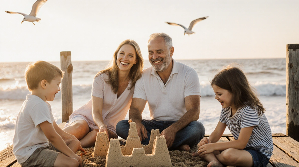 John Forté and Lara Fuller sit on wooden dock watching their children build sandcastles on Martha