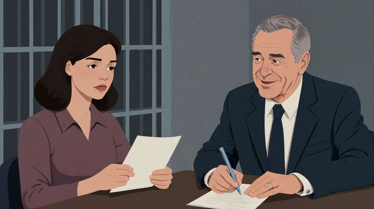 Young woman writing letter with older man holding paper and prison door behind them