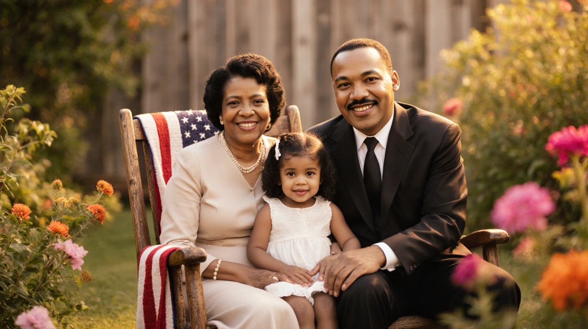 Martin Luther King Jr. sitting with Coretta and daughter Yolanda among flowers with wooden rocking chair and flag blanket nea
