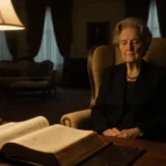 Mary Cosby sits alone in her armchair with open Bible and handwritten note showing her lavish living room