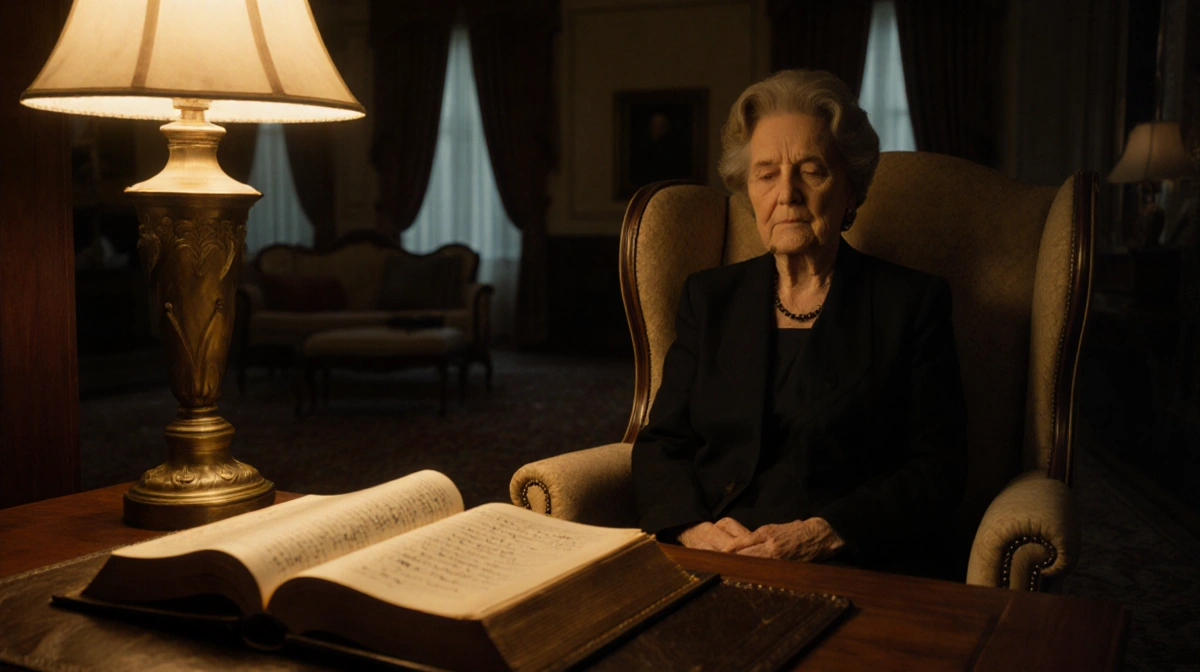 Mary Cosby sits alone in her armchair with open Bible and handwritten note showing her lavish living room
