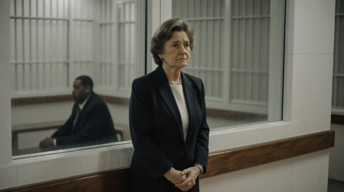 Mary Cosby standing nervously at jail visitor window with clasped hands and her son visible through glass partition