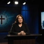 Mary Cosby speaking at podium with church cross behind her and city lights visible through studio window