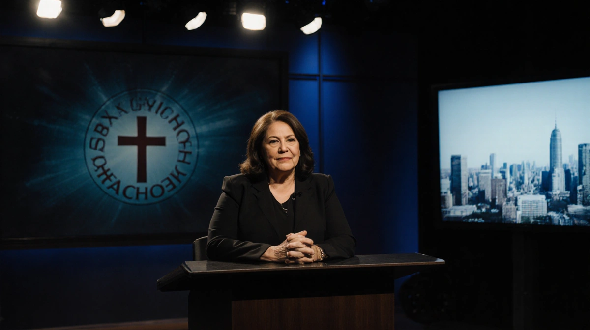 Mary Cosby speaking at podium with church cross behind her and city lights visible through studio window