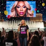Mary J Blige performing on stage with Bellagio fountains glowing behind her and fans cheering with song lyric shirts
