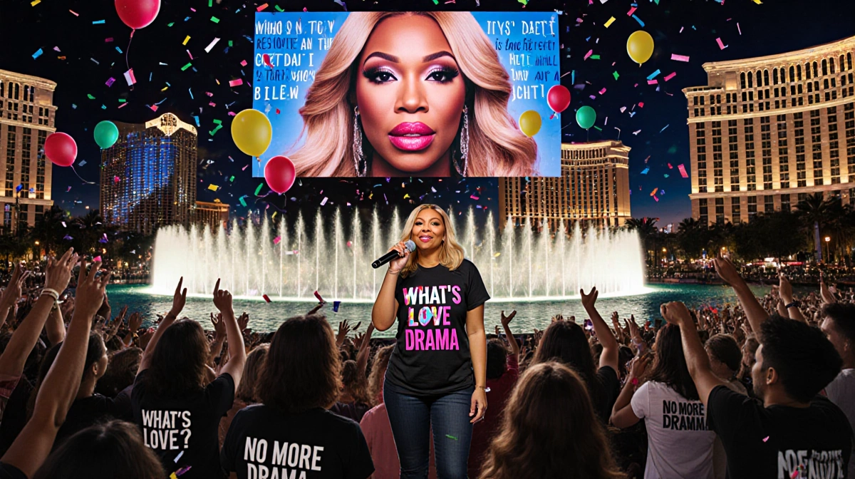 Mary J Blige performing on stage with Bellagio fountains glowing behind her and fans cheering with song lyric shirts