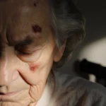 Mary Jo Buttafuoco gazes downward with a scar above her eyebrow and a blurred gun shape behind her