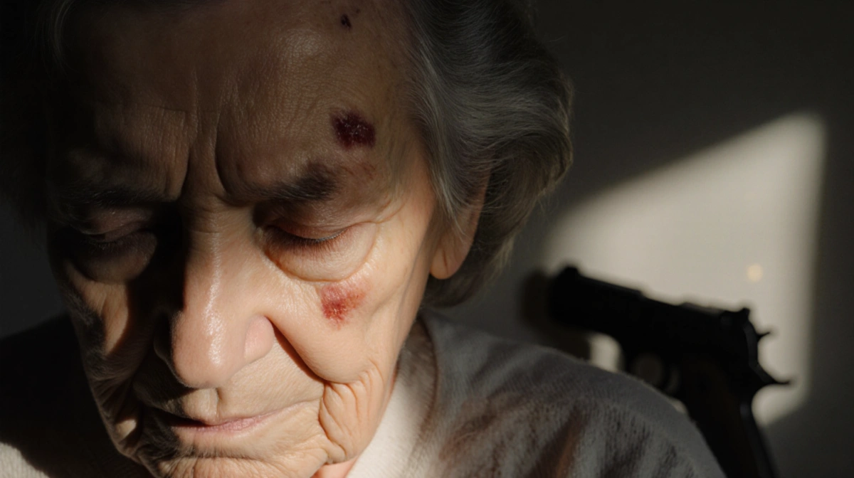 Mary Jo Buttafuoco gazes downward with a scar above her eyebrow and a blurred gun shape behind her