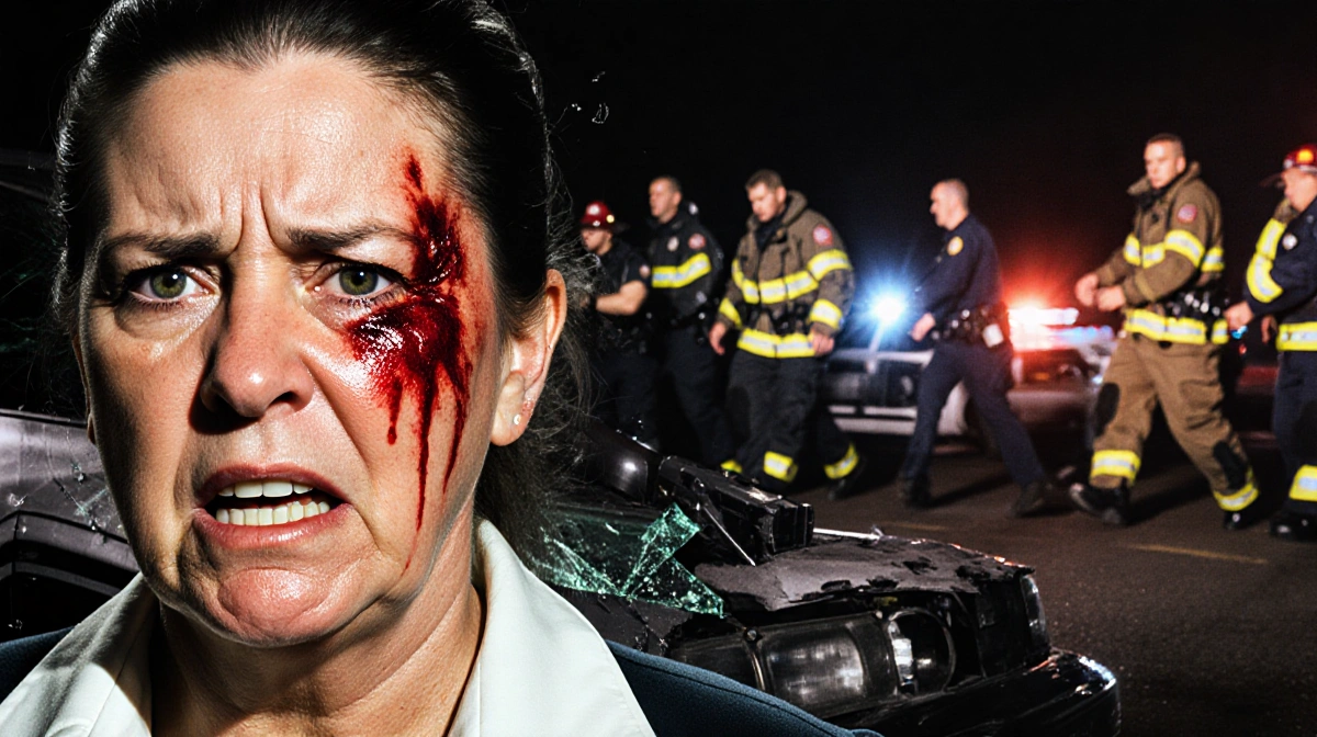 Mary Jo Buttafuoco clutching her blood-stained cheek with emergency responders rushing to her car and shattered glass on the 