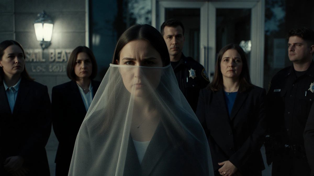 Mary Katherine Smart stands before police headquarters with a veil covering her face and witnesses looking away in the backgr