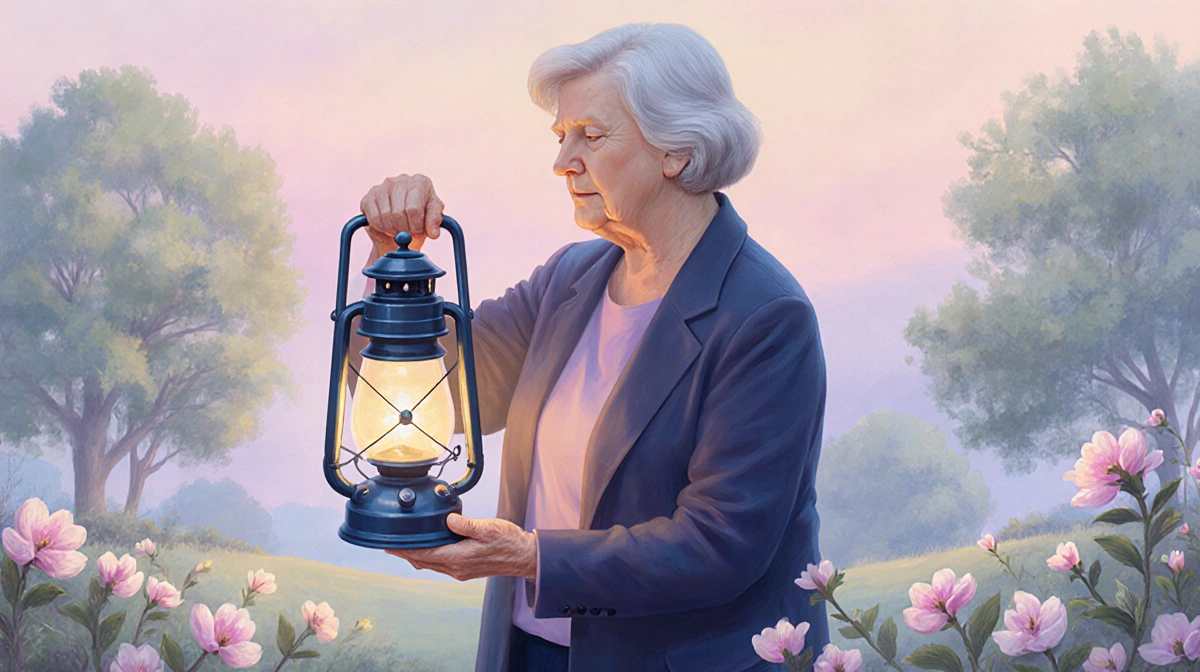Mary Trump holding glowing lantern with blooming flowers and trees surrounding her showing hope and love
