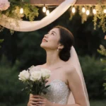 Mary Trump stands at wedding arch with white roses and string lights showing joyful expression